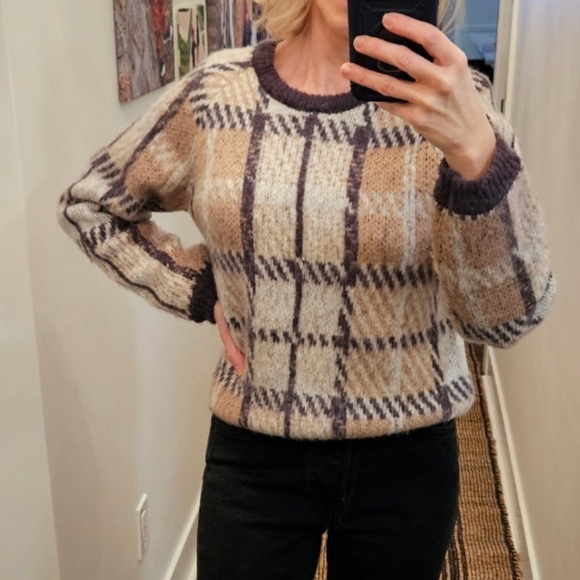 J.O.A Women's Tan Checkered Crewneck Mohair Wool Pullover Sweater SZ S - Picture 4 of 12